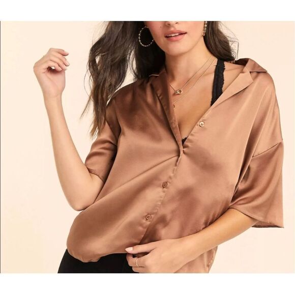 House of Harlow Short Sleeve Collar Button Down Satin Brown Crop Blouse Sz S NWT - Picture 1 of 12